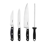 Amazon Brand - Solimo Premium High-Carbon Stainless Steel Kitchen Knife Set, 4-Pieces (with Sharpener), Silver